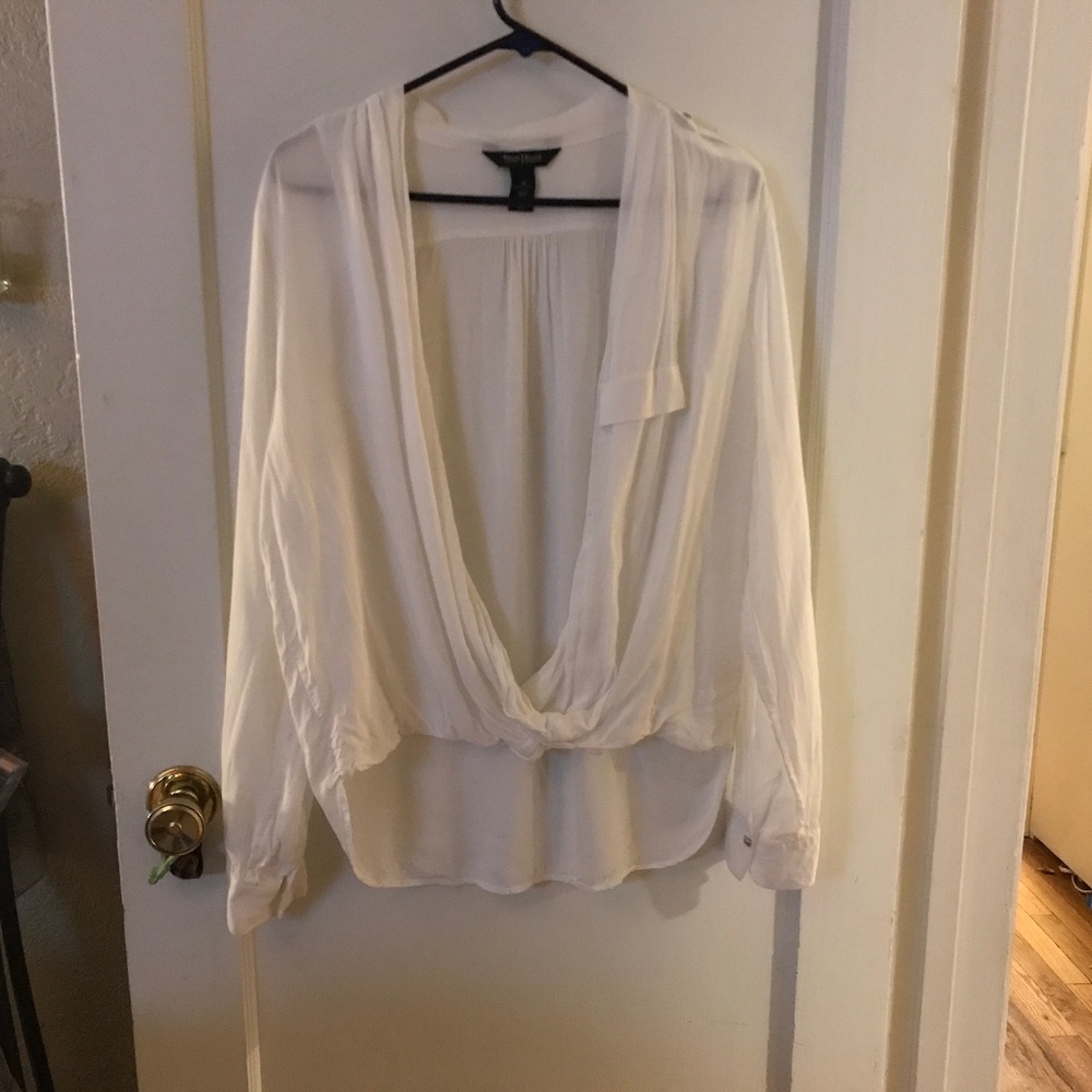 White House Black Market Cream Draped V-Neck Blouse